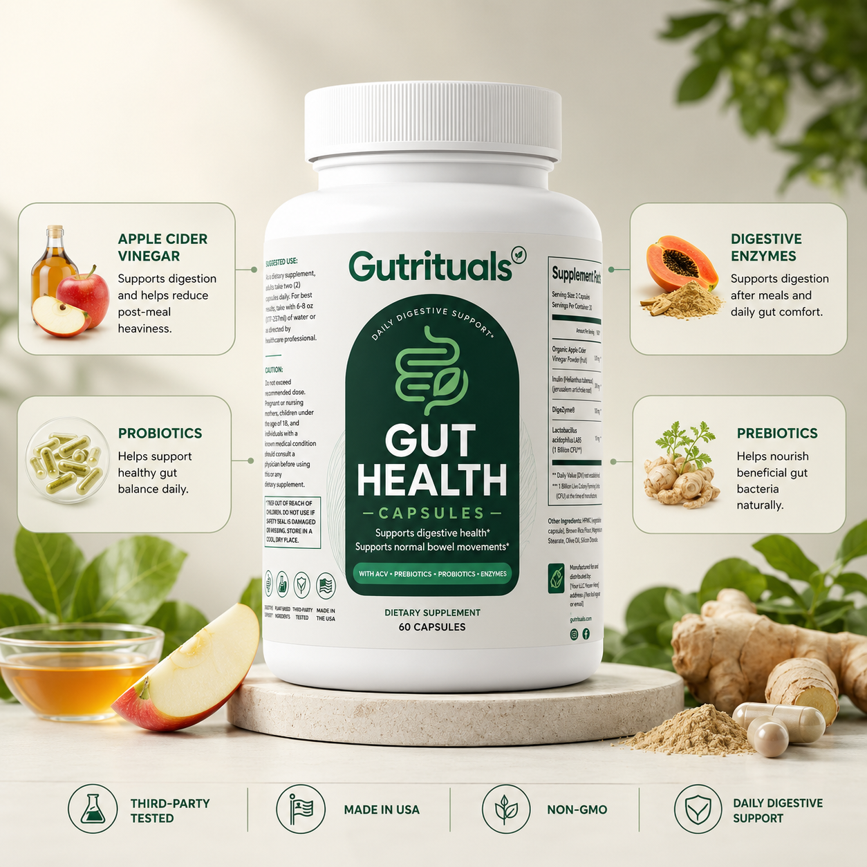 Gut Rituals Gut Health Capsules surrounded by apple cider vinegar, probiotics, prebiotics and digestive enzymes, with third-party tested, made in USA and non-GMO trust badges.