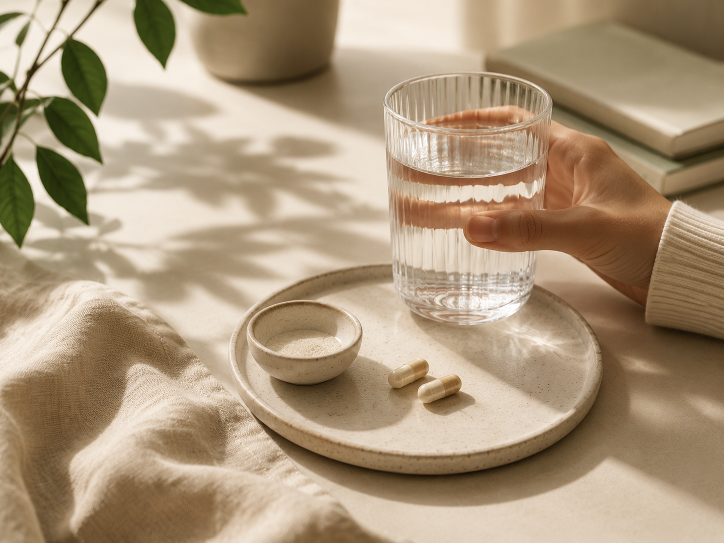 A glass of water beside two capsules in soft morning light.