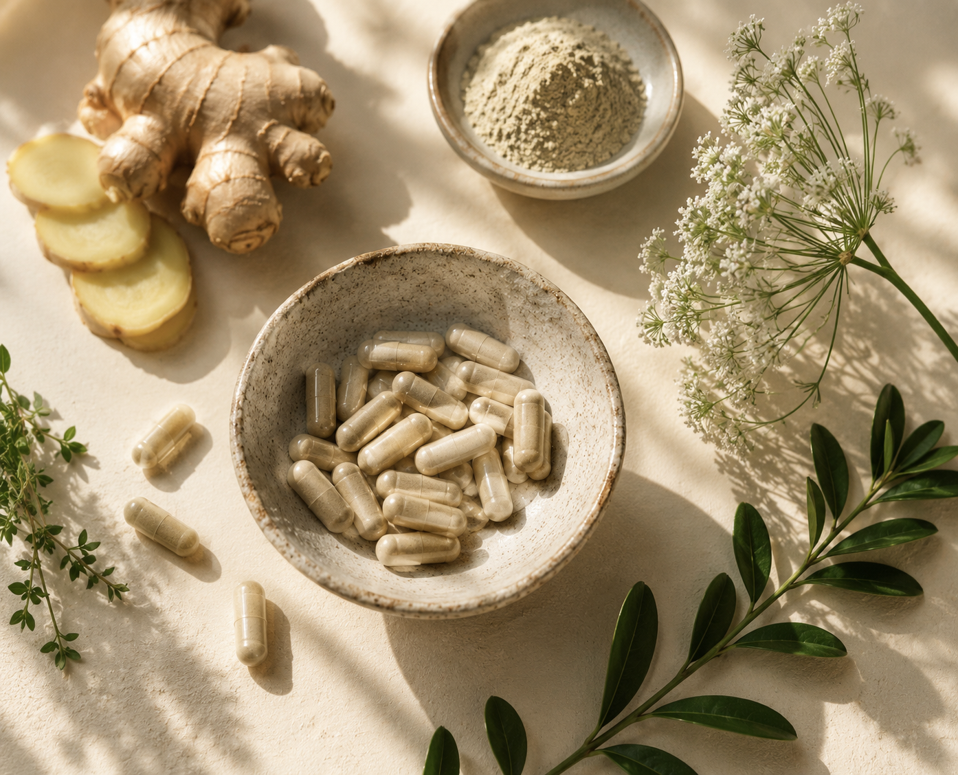 Premium capsules with fresh botanical ingredients.